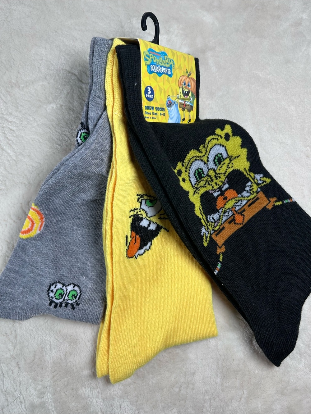 Halloween SpongeBob SquarePants 3-Pack Crew Socks - Yellow, Black, Gray Sz 6-12